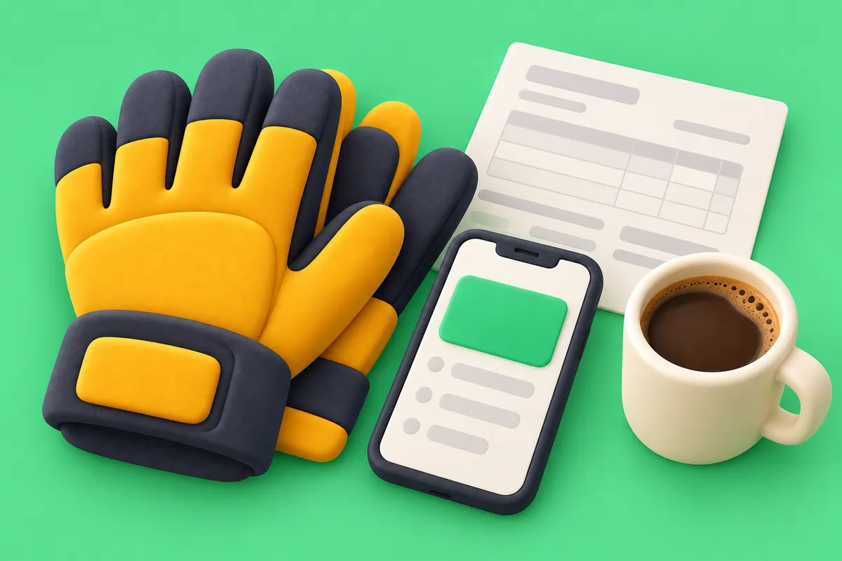 Work gloves, a phone showing Clockwell, a paycheck and a coffee